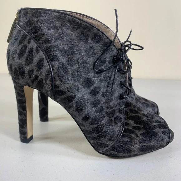 Louise et Cie Leopard Print Cow Hair Fur Peep Toe Lace Up Ankle Booties Heels 6M - Picture 5 of 12